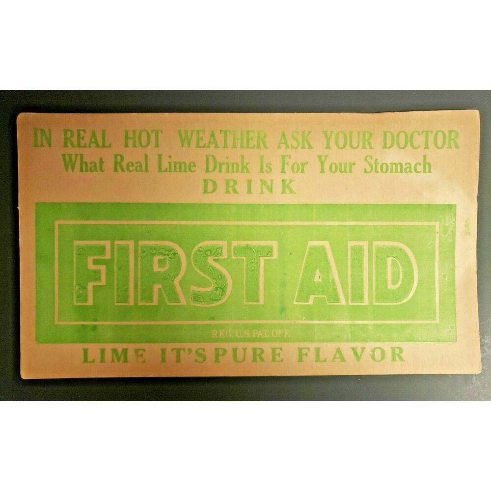 Vintage First Aid Lime Drink Cardboard Store Display Sign New Old‎ Stock